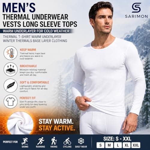 SARIMON Mens Thermal Underwear Vests Long Sleeve Tops, Thermal T-Shirt Warm Size (Medium- White) — view 2