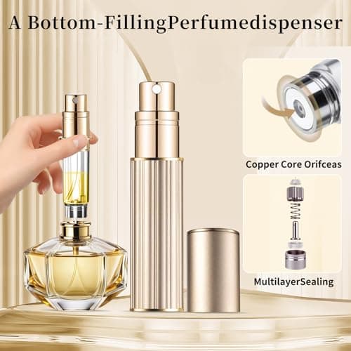 szyanlai Portable Perfume Atomiser Refillable - 5ml Empty Travel Perfume Bottle, Nano Mist, Leaking Proof, Bottom Pump without Funnel, Luxurious Mini women and men (M5-Gold) — view 3