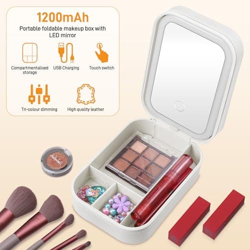 JIZZU Makeup Bag with Mirror, Lighted Vanity Case for Travel, Lighted Cosmetic Case with 3 Color Light, Portable Travel Cosmetic Organiser with Compartments for Women Outing Trip Tour(White) — view 3