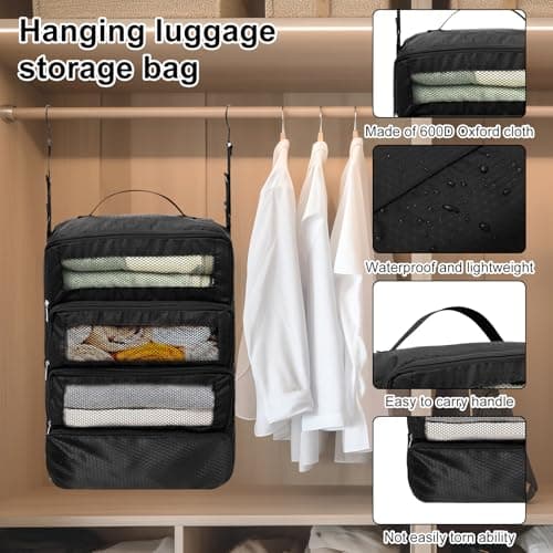 600D Oxford Cloth Hanging Travel Organizer 37x22.8x50cm Waterproof Tear Resistant Suitcase Organiser Bags Luggage Packing Cubes for Wardrobe Storage Business Trip Camping Adventure Vacation(black) — view 4