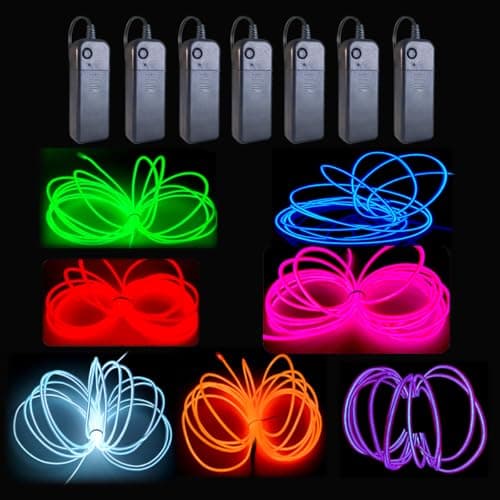 MaxLax EL Wire 7 Pack, 16.4ft Neon Light Wire Noise Reduction with Battery Pack(7 Color)… (16.4ft)…