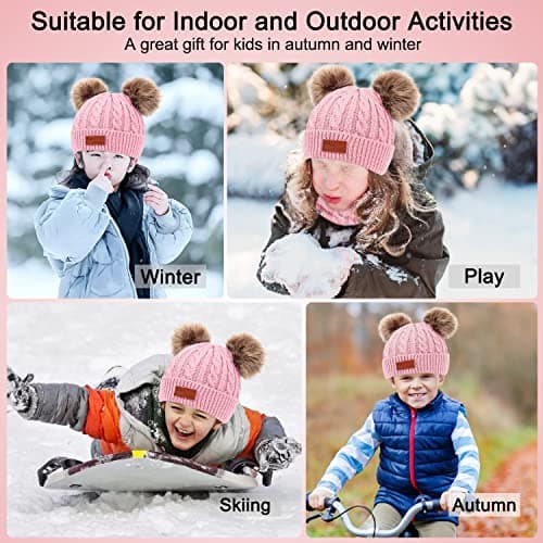 Kids Winter Beanie Hat Scarf Gloves Set 3 in1, 3Pcs Knit Warm Toddler Winter Cap Gloves Neck Warmer for Boys Girls 1-6 Year, Winter Accessories Sets for Children Outdoor Sports (Pink) — view 6