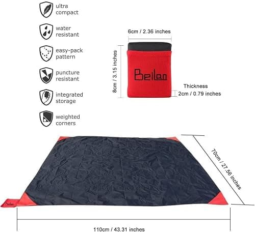 BeiLan Mini Pocket Picnic Blanket Durable Lightweight Waterproof Sand Proof Beach Camping Travel Mat Foldable Thin Ground Sheet for Outdoors Activities (70 * 110cm, Black & Red) — view 2