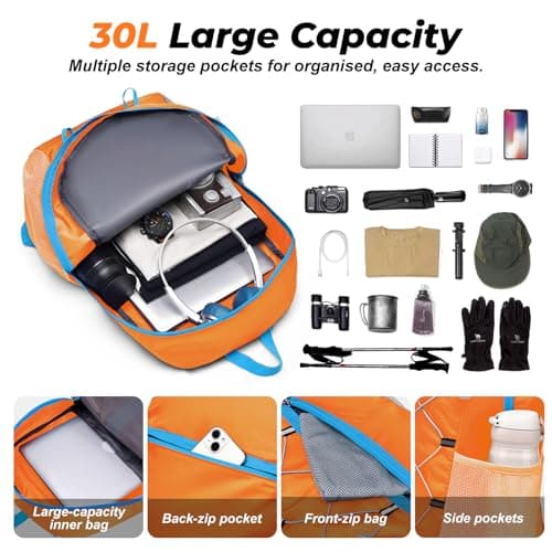 flintronic Lightweight Hiking Backpack, 30L Foldable Waterproof Rucksack, Back Pack Rucksack for Men Women Kids, Walking Backpack for Outdoor Sports, Hiking, Travelling, Camping, Orange — view 4