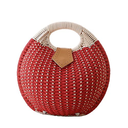 Hixingo Women Handbag Straw Bag, Round Summer Beach Hand-Woven Bohemian Straw Bag Purse Tote Bag for Gift Holiday Travel Shopping (Red,28x26x15cm)