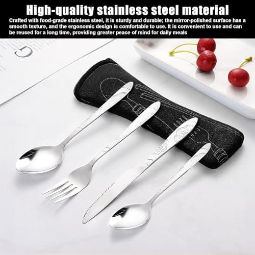 4Psc Cutlery Set with Portable Pouch Case, Stainless Steel Flatware Camping Utensil Set Knife, Fork, Spoon, Reusable Flatware Sets Knife for Outdoor Travel Picnic Office School Lunch Box — view 4