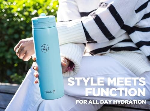 Fuel24 Duo - Stainless Steel Water Bottle 700ml or 1L - Vacuum Insulated Metal Flask with Straw (Dual use Lid) 1 Litre - for Sports, Gym, Work – Slim Design (Mint, 700 ml) — view 6