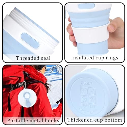 MOMAHUA 450ml/15oz Collapsible Coffee Cup with Lids,Purple Silicone Portable Water Cups,Reusable Coffee Mug,Foldable Camping Travel Cup Fits in Your Pocket,Folding Mug Collapses to 6cm — view 4