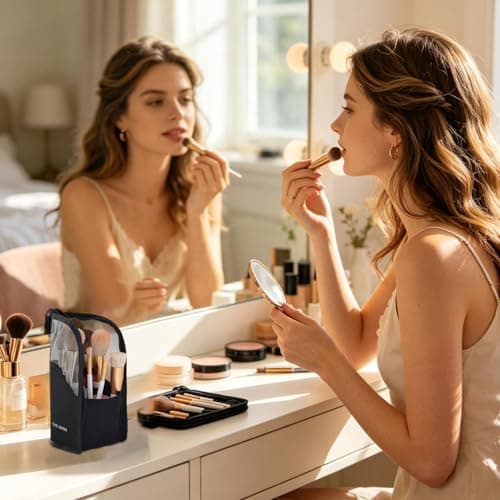 Travel Makeup Brush Holder - Multiple Compartments Cosmetic Organizer Pouch,Toiletry Travel Bag - for Men Women Camping Vanity Countertop Luggage Beauty Toothbrush Toothpaste — view 2