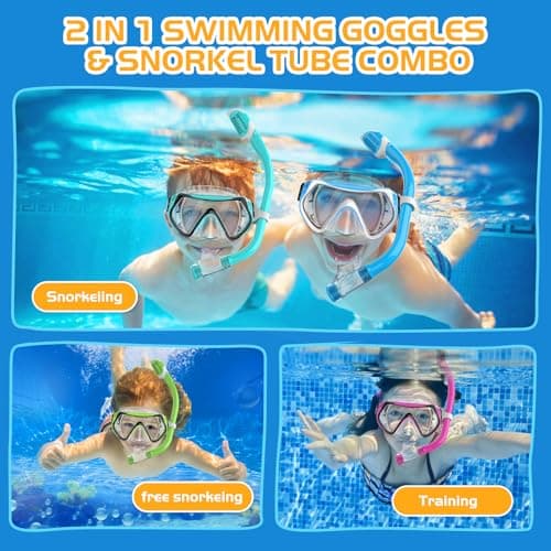 MELUMILU Kids Snorkel Set, Dry Snorkel Set 180° Panoramic Wide View Anti-Fog Scuba Diving Mask, for Kids Youth Boys Girls Junior Age 5-15 (Blue) — view 6