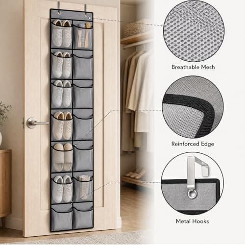 EXQUIMA Over Door Shoe Storage, Hanging Organizer with 14 Large Mesh Pockets and 2 Metal Hooks, 29x165cm, Breathable Non-Woven Fabric, Space Saving, Durable and Foldable, Ideal for Shoes, Toys,Closet — view 5