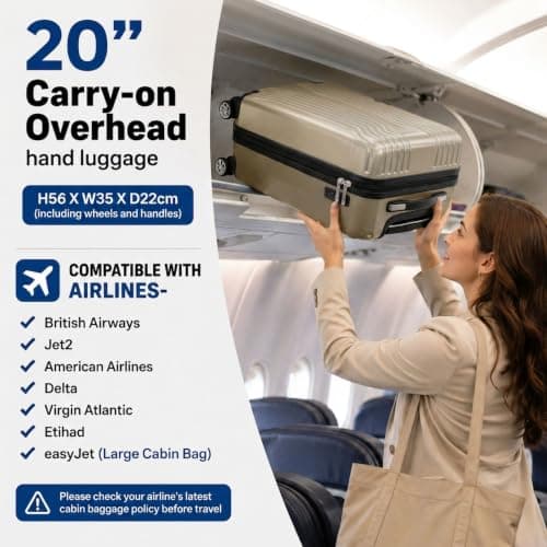 DK Luggage Carry-on 20” Cabin Virgin Atlantic, EasyJet, BA, Jet 2 Hard Shell Hand Luggage Suitcase 4 Wheel Spinner Luggage ABS25 (Gold, 20" Carry-on) — view 3