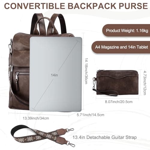 VASCHY Backpack for Women, Large Vegan Leather Rucksack with Wallet Set Convertible Handbag for Lady Guitar Strap — view 2