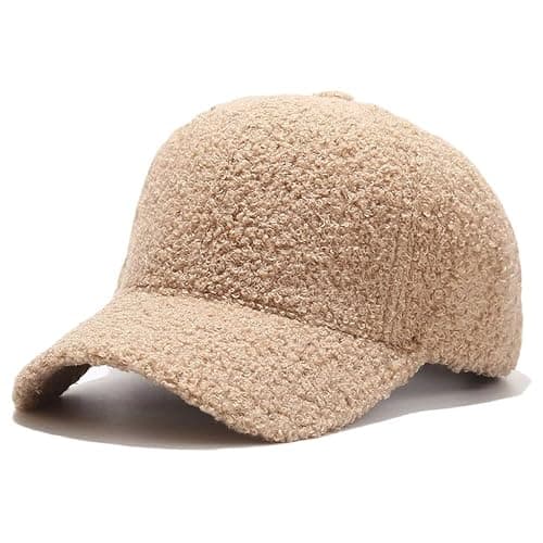 Avilego Winter Baseball Cap for Women Lamb Wool Solid Color Warm Baseball Cap for Outdoor Travel, Khaki, One Size