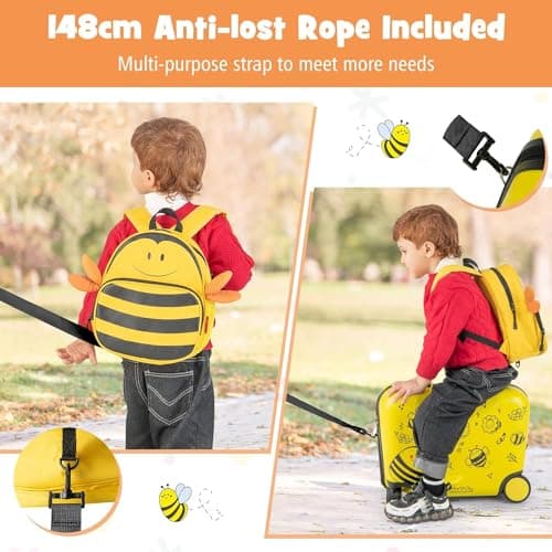 2PC Kids Luggage Set, 4 in 1 Toddler 17L Ride-on & Carry-on Hardshell Suitcase with Wheels, Anti-Lose Rope, 4L Backpack Set, Lightweight Travel Rolling Trolley for Boys Girls (Yellow Bee) — view 2