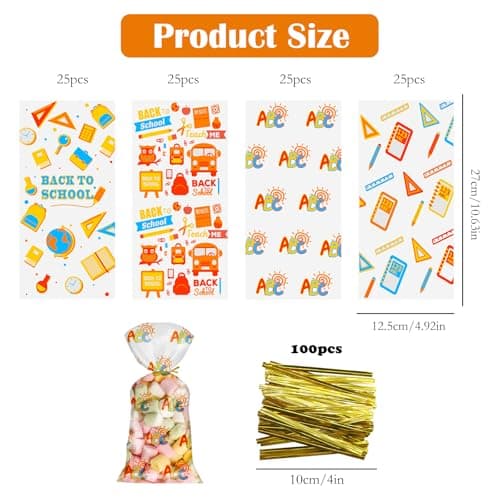 100Pcs Back to School Goodie Bags Candy Treat Bags Clear Bulk with Gold Twist Tie Back to School Party Favor Decorations for Cookie Candy Packing Supplies — view 2