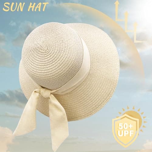 lifwimner Straw Sun Hats for Women UV Protection, Foldable Floppy Bowknot Straw Hats Wide Brim Summer Beach Cap with Chin Strap for Beach Vacation Travel Holiday (UK, Alpha, M, Beige) — view 3