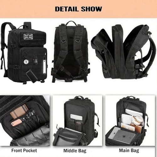 HANWELL 45L Military Tactical Backpack with 3 Flag Patches, Molle Army Bag — view 6