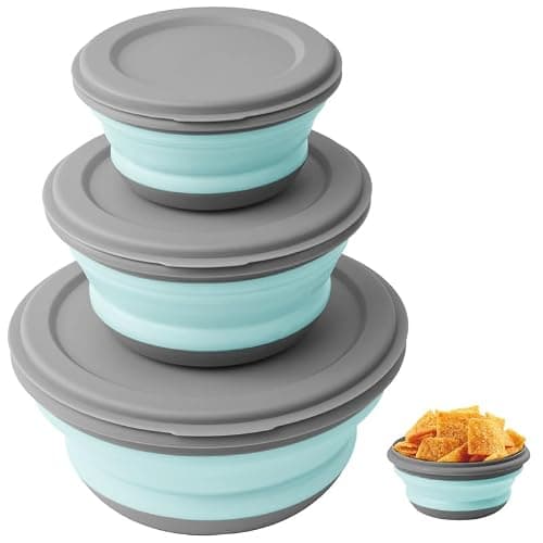 flintronic 3Pcs Collapsible Camping Bowl Sets, Portable Silicone Bowl with Lid, Folding Bowl, Portable Salad Bowl, Folding Lunch Box for Camping, Hiking, Kitchen, School, Blue