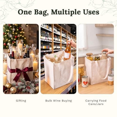 Six Bottle Canvas Wine Tote Bag - Premium Material, Extremely Sturdy, Washable & Reusable Wine Carrier Bag - Double Stitched Reusable Wine Bags - Sturdy 6 Bottle Wine Carrier (1 Bag), Natural Cotton — view 6