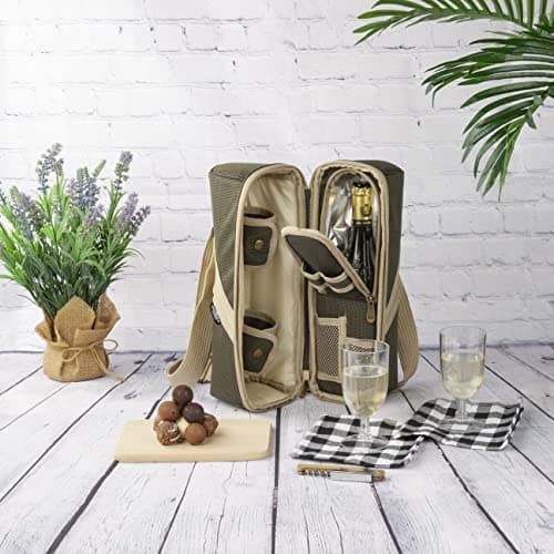 2 Person Insulated Deluxe Wine Cooler Bag with Accessories, Perfect for Picnic, Camping, and Beach (Khaki Green) — view 5