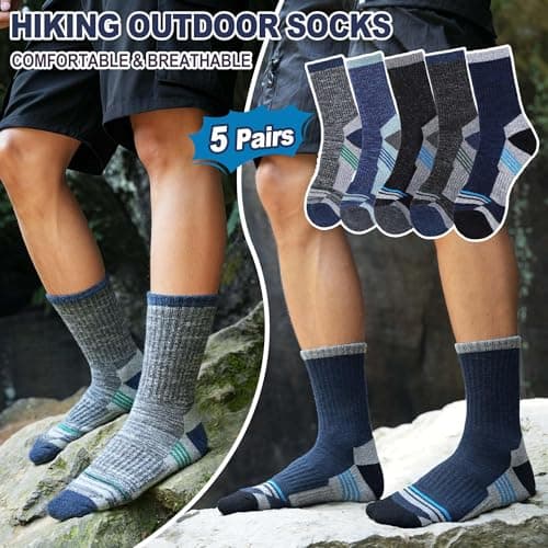 MOGGEI Mens Merino Wool Hiking Socks Thermal Warm Winter Breathable Cushioned Cosy Crew Socks for Walking Trekking Outdoor Sport 5 Pairs, UK Shoe Size 7-11(Grey/Blue/Dark Blue/Black) — view 5