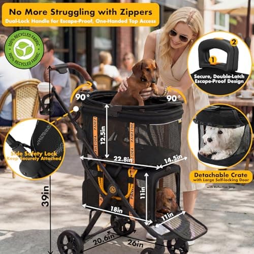 PAWZIDEA Double Pet Stroller, Foldable Cat Pram with 2 Detachable Carriers — view 3