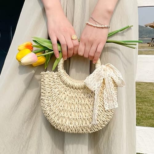 YYW Straw Bag Women Summer Beach Handwoven Casual Mini Tote Purse Beige — view 6