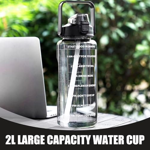2L Water Bottle with Straw,Clear Leakproof Sports Bottle with Time Markings,Portable Handle Drink Bottles,Heat Resistant Motivational Jug for Gym Hiking Ensure Drinking Throughout The Day (Black) — view 4