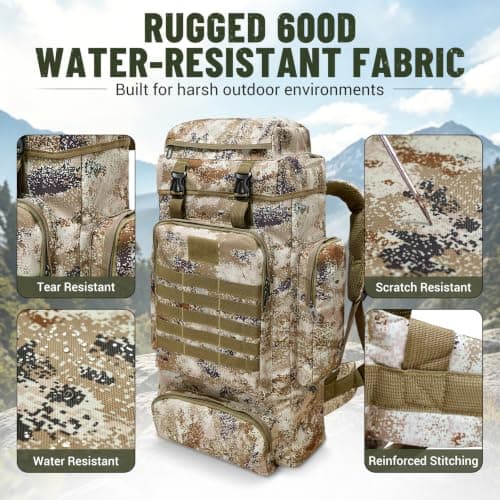 SUNDOY 80L Hiking Backpack, Large Capacity Camping Rucksack, 600D Outdoor Travel Pack with MOLLE System, Lightweight Trekking Backpack for Hiking, Camping & Backpacking (80L-Desert Camo) — view 5