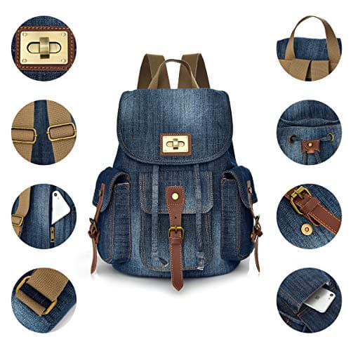 CHEREEKI Denim Backpack, Canvas Backpack for Work, Travel, School, 14 Inch Laptop, Large Retro Backpack for Women, Men, Blue, Blue, Taille unique, Retro — view 3