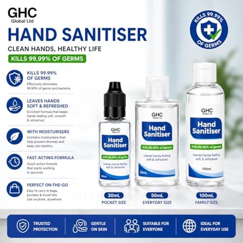 GHC Global Health Care Hand Sanitiser Gel (Pick Any Size) - 75% Alcohol Antibacterial Hand Gel for Travel, School, Office & Everyday Hygiene - Quick Dry Pocket Sanitiser (30ML, Pack of 20) — view 4