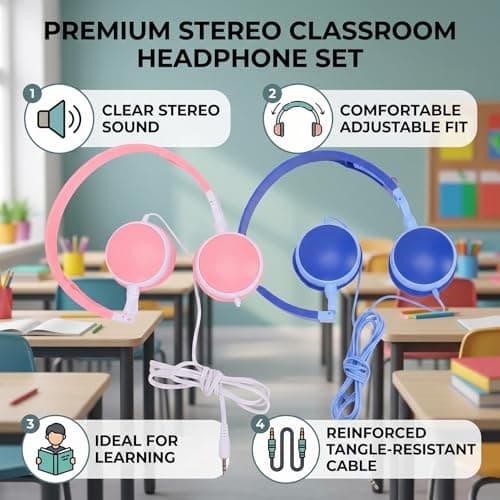 VELATEMOR 12 Pack Wired Headphones for Classroom, 3.5mm Stereo Headset with Adjustable Headband for Kids Adults, Over Ear Student Headphones for School Library Travel — view 2
