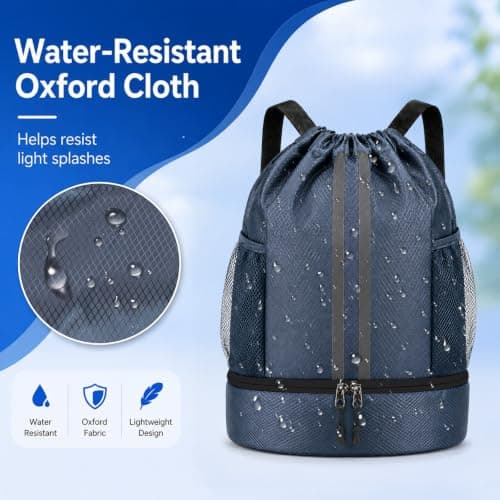 Waterproof Drawstring Bag, PE Kit Bag with Shoe Compartment Navy Blue — view 3