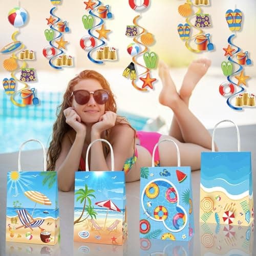POPOYU 8Pcs Summer Swimming Pool Gift Bags,Pool Party Gift Bags,Beach Party Kraft Paper Tote Bags with Handles,Under the Sea PartyBag for PoolParty Accessories Wrapper Boxes — view 5