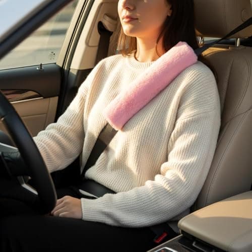 Hopzab 2 Pcs Faux Fur Seat Belt Covers, Soft Plush Shoulder Pads, Universal Car Strap Protector, Comfort Cushion for Shoulder and Neck, Warm Accessory for Girls, Daily Driving Travel Use, Pink — view 5
