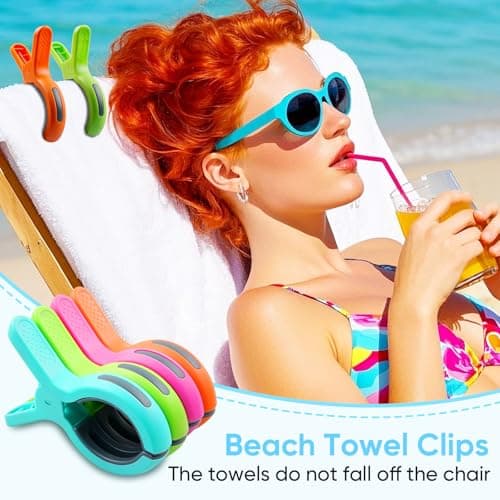 8 Pcs Large Beach Towel Clips for Sun Loungers, 4 Inch Clothes Pegs Extra Strong, Windproof Laundry Clips Towel Clips for Beach Loungers, Keep Your Towel from Blowing Away, 4 Bright Colors — view 3