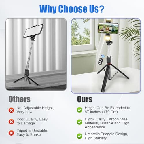 Adiwo Mobile Phone Tripods, 67''/170cm Extendable Selfie Stick with 2 Fill Lights, 3 in 1Portable Travel Phone Holder, with Detachable Wireless Bluetooth Remote, Compatible with Android, IOS (Black) — view 4
