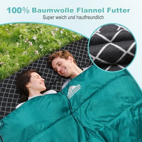 AGEMORE Cotton Flannel Double Sleeping Bag for Adults, Queen Size 2 Person Sleeping Bag for Camping Biking or Backpacking, Waterproof & Lightweight for Truck,Tent or campervan (Lake Blue/Black) — view 3