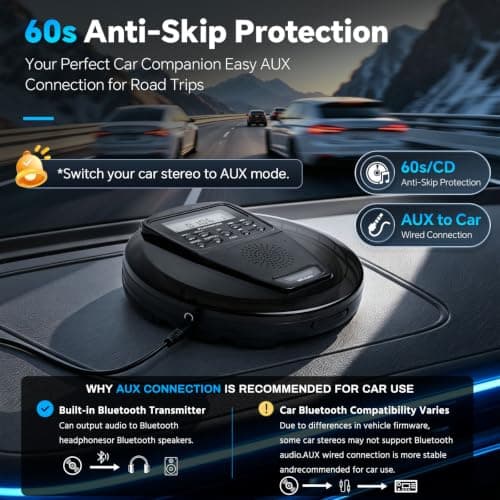 Portable CD Player with Bluetooth and Speaker, 10H Playtime Rechargeable personal CD Player, HiFi Stereo Sound, 60s Anti-Skip Protection, PROG Playback & EQ Modes, Headphones and AUX Cable Included — view 4