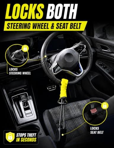Xtremeauto Steering Wheel & Seat Belt Lock – Dual Anti-Theft Vehicle Security Lock with Cut Resistant Steel Cable, High Visibility Cover & 3 Keys – Universal Fit for Cars, SUVs & Vans (Yellow) — view 2