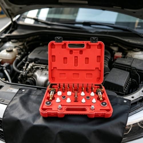 QSTDGVPW Automotive Leak Tester Kit With Cone And Plug Adapters Round Sealing Discs Metal Clamp Threads Burgundy Case suitable for car diagnostics — view 3
