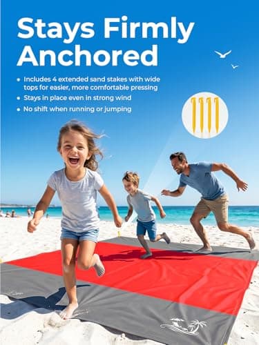Solnery Large Beach Blanket Waterproof Sandproof, Beach Mats Sand Free, Windproof Outdoor Mat, Portable, 4 Stakes, 250 x 200 cm, Fits 1–8 People, for Seaside, Picnic & Camping (Coral Red) — view 4
