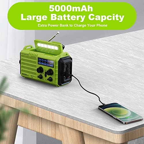 Solar Hand Crank Radio, 5-Way Powered AM/FM/SW Emergency Radio for Outdoor with 5000 mAh Capacity Battery, Portable Radio with USB Charger, LED Flashlight, Reading Lamp, SOS Alarm and Compass Green — view 4