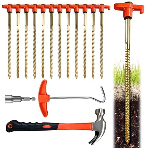 12 Pack Tent Pegs Metal Heavy Duty, Metal Tent Pegs with Thread and Camping Mallet, Includes Drill Adapter & Nail Puller, Ground Anchors for Camping Peg Heavy Duty for Hard Ground, with A T-Handle