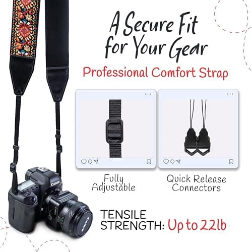Red Vintage Camera Shoulder Strap Belt For All DSLR Camera – Vibrant Design Universal DSLR Strap, Embroidered Vintage Multi Color Neck Belt for Canon, Nikon, Sony,Pentax, Fujifilm, and Digital Camera — view 4