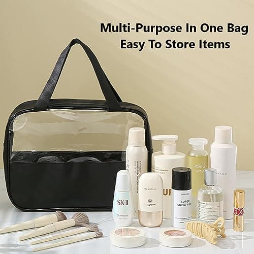 Aucuu 3PCS Clear Toiletry Bag, Wash Bag, Clear PU Makeup Bags, Waterproof Toiletry Travel Bags with Zipper Handle, Portable Airport Cosmetic B-ag for Travel Bathroom Men Women (Black) — view 5