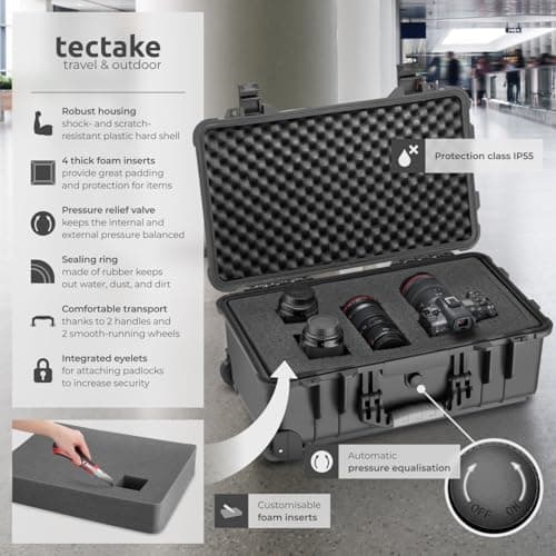 tectake® Camera Case - Shock-Resistant, Dust- & Waterproof Box with Wheels & Telescopic Handle, Incl. Cube Foam Inlays - 34.5 x 23 x 56 cm Hard Case with Snap Closures & Seal Ring - Black — view 2