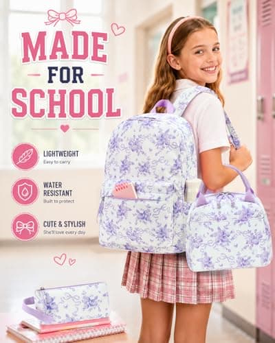 CAMTOP Girls Backpack with Lunch Box Set, Cute Bow School Backpack for Kids, 3-in-1 Lightweight Lunch Bag and Pencil Pouch, Purple Flower White, One Size, Daypack Backpacks — view 2