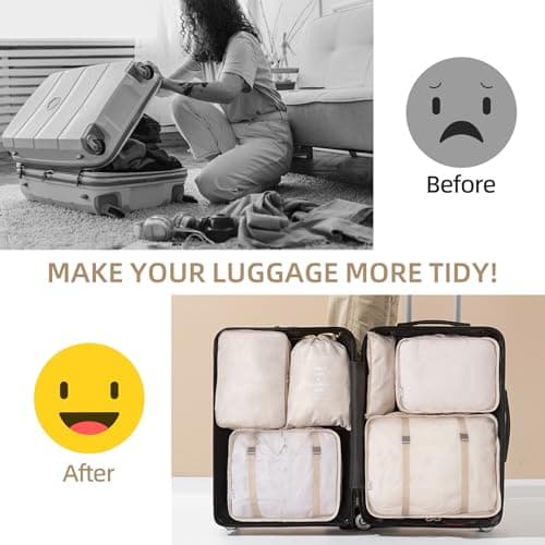 12Pcs Packing Travel Cubes for Suitcase Luggage Organizers with 5 Drawstring Bags,Suitcase Organiser Bag with Waterproof Shoe Storage Bag Compression Pouches Beige — view 5